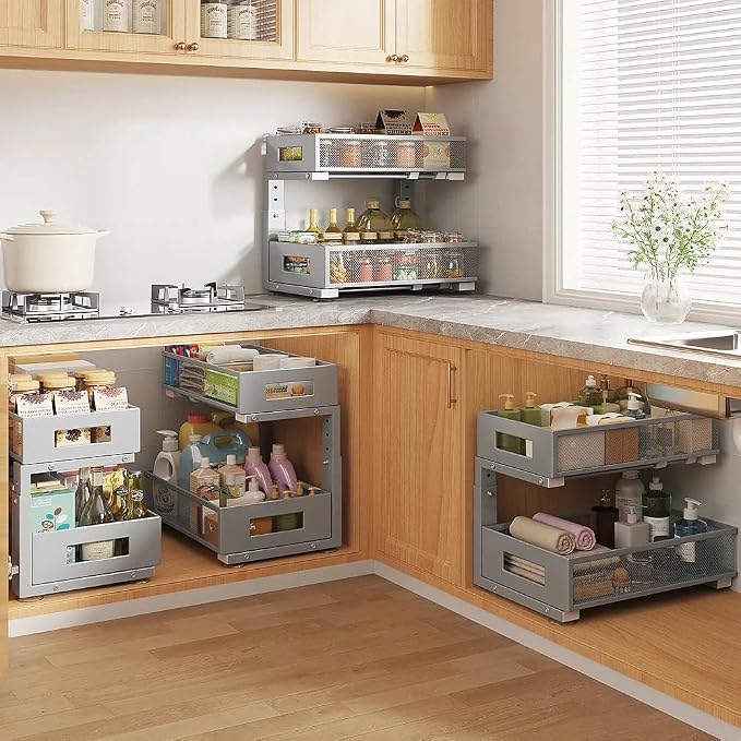 Under Sink Organizer, 2-Tier Dual Pull Out Cabinet Organizer Drawers With Smooth Circular Rail,Large Capacity Metal Mesh Sliding Shelves For Bathroom& Kitchen Storage,Height Adjustable–Gun Gray,1 Pack - Image 9
