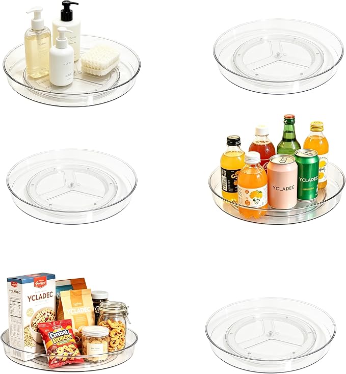 6 Pack Lazy Susan 10.6" Turntable Organizer Pantry Cabinet | Pantry Organization and Storage Spice Rack Fridge Rotating Condiment Tray Spinner for Kitchen Bathroom Makeup Cosmetic Clear by YCLADEC