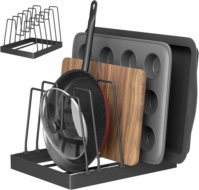 NiHome Cutting Board Holder & Pot Lid Organizer Rack for Pan, Black, 1PC | Adjustable 6 Iron Dividers For Cutting Boards, Pot Lids & Baking Sheets, Non-Slip Silicone Base For Stable Countertop Storage by NiHome
