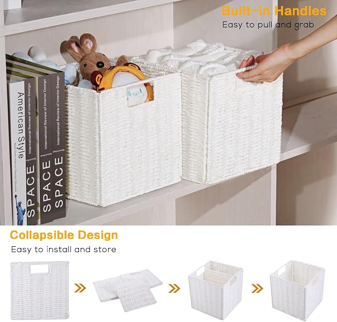 Wicker Storage Basket, Set of 2 Hand-Woven Storage Baskets for Organizing, Foldable Cube Storage Bins, 11 Inch Wicker Storage Baskets for Shelves and Decor, Square Closet Organizer, White - Image 3