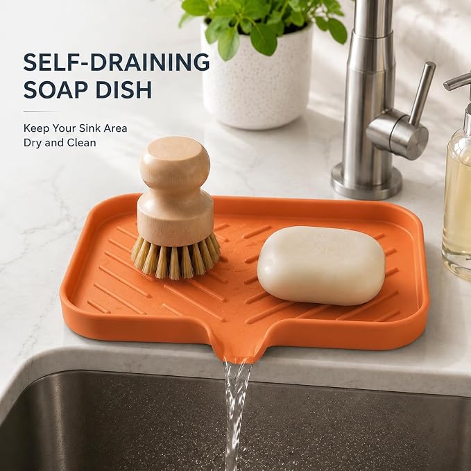 MicoYang Silicone Soap Dish with Drain Spout — Self-Draining Sink Organizer Tray for Bathroom & Kitchen, Sponges, Dispensers & Soap Holder, Non-Slip & Dishwasher Safe, Orange (Medium, 9.6"×5.3") - Image 7