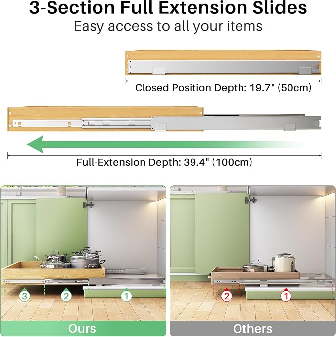 Pull Out Cabinet Organizer, Soft Close Wooden Slide Out Drawers for Pots and Pans, Full-extension Roll Out Shelves for Kitchen Cabinets, Pantry Organization, Bottom & Side Mount(26"W X 21"D x 3.4''H) - Image 5