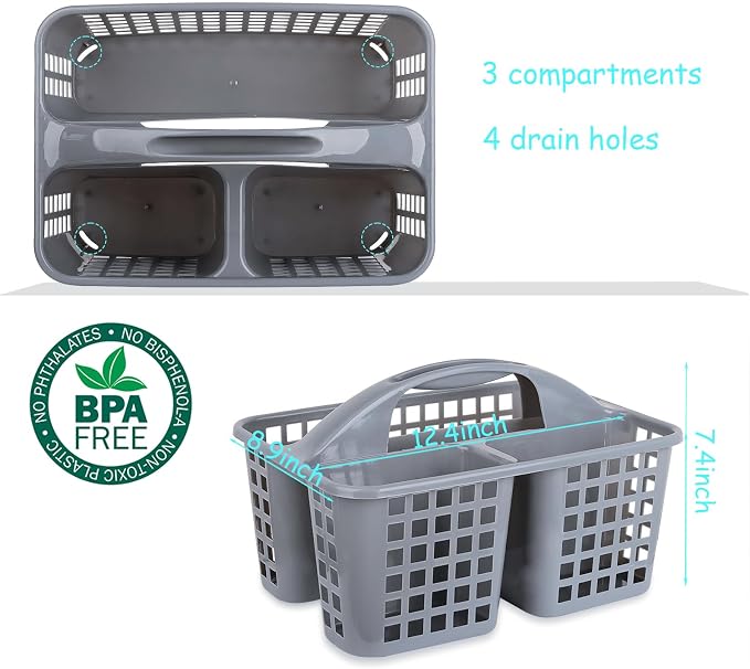 Portable Shower Caddy Basket Plastic Storage Basket with Compartments Grey | Sturdy Large Capacity Cleaning Supplies Organizer Divided Tool Bin for Bathroom Kitchen Bedroom College Dorm Essentials - Image 5
