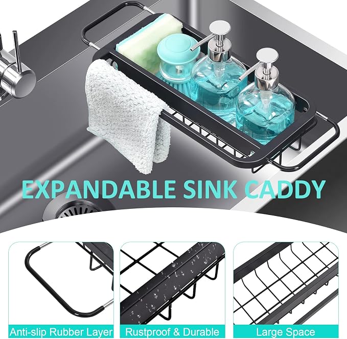 TOOLF Expandable Sink Caddy with Dish Towel Bar, Adjustable Over-The-Sink Organizer for Kitchen, Rustproof Sponge Holder and Drying Rack - Image 3