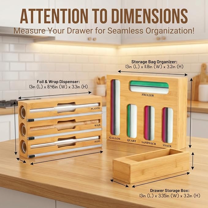 9 in 1 Storage Bag Organizer for Kitchen Drawer,Bamboo Foil and Plastic Wrap Dispenser with Cutter, Organizers Compatible Gallon, Quart, Sandwich Snack - Image 2
