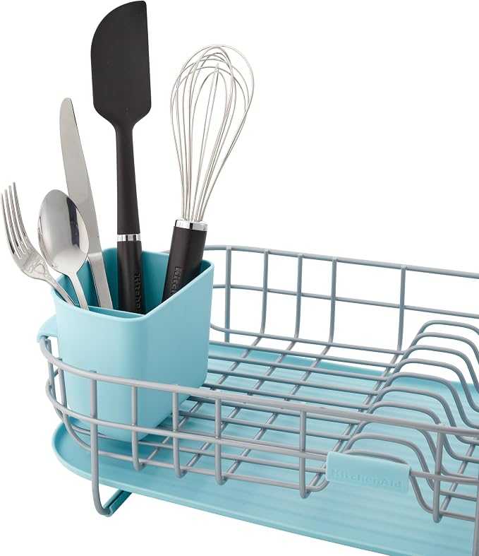 KitchenAid Low Profile Compact Dishrack with Removable Flatware Caddy and Angled Self-Draining Board, Rust Resistant Wires, 12.59 x 17.55 x 6.29 Inch, Mineral Water - Image 8