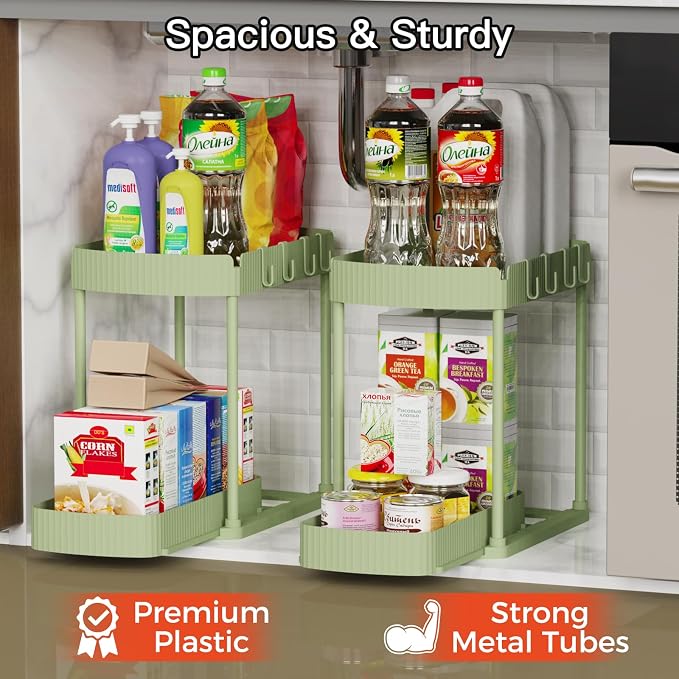 2 Packs Under Sink Pull-Out Storage Organizers, 12.8 Inches, Green | Multi-Purpose Cabinet Organizers and Storage for Bathroom & Kitchen - Image 3