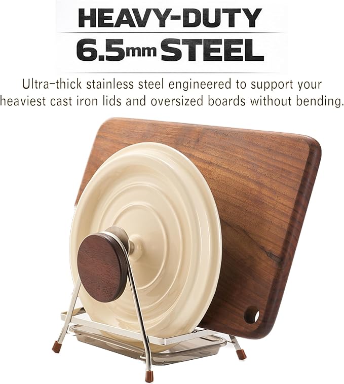 6.5mm Stainless Steel Pot Lid Holder while Cooking, Multifunctional Cutting Board Pan Lid Organizer for Countertop with Beech Wood Accents, Heavy Duty Rack with Nonslip Pads & Removable Drip Tray - Image 2