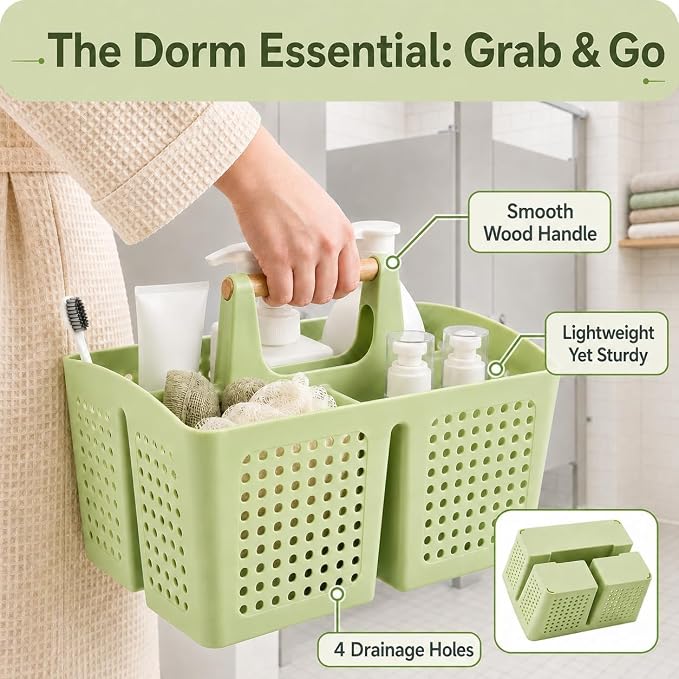 Portable Shower Caddy Basket with 3 Compartments and Handle, Grass Green | Plastic Divided Storage Caddy for Camping, RVs, Outdoor Showers, Bathrooms, Laundry Rooms and Cleaning Supplies - Image 4
