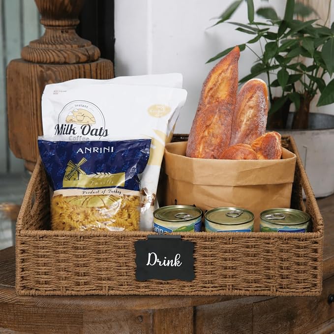 Pantry Organizers, Large Wicker Baskets for Shelves, Labeled Storage Baskets for Organizing with Handles - Paper Storage Bins for Shelves, 3 Pack, Brown - Image 7
