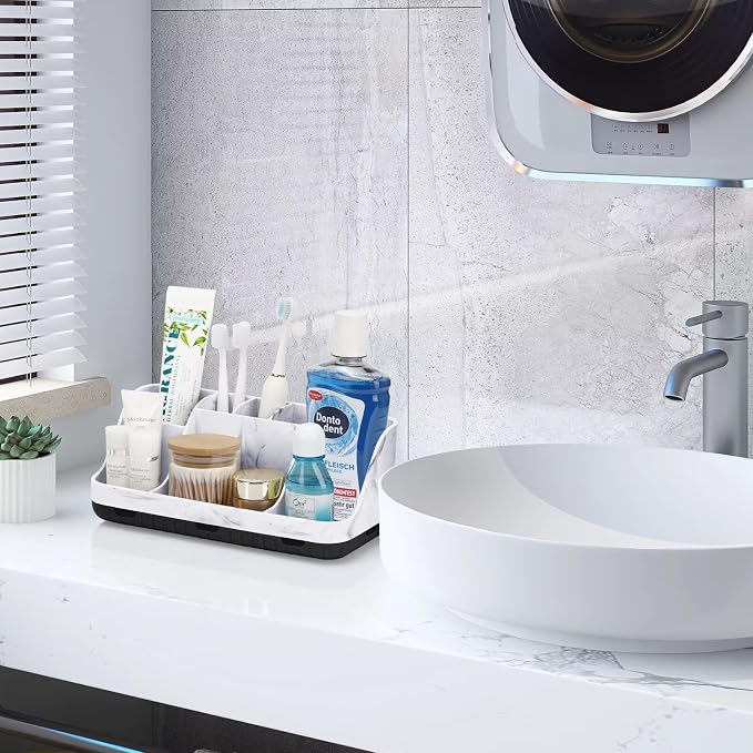 GFWARE Marble Bathroom Countertop Organizer - Detachable 7 Slots Kids Electric Toothbrush and Toothpaste Holde Drainage for Bathroom Accessories Organization Counter Vanity Storage, Black | Detachable 7 Slots Kid Electric Toothbrush and Toothpaste Hold... - Image 7
