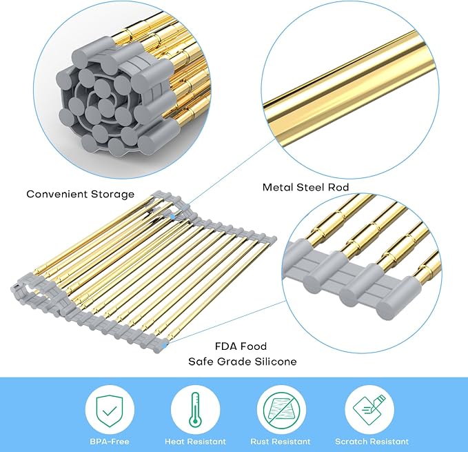Large Expandable Roll Up Dish Drying Rack, Heat-Resistant Dish Drainer for Stainless Steel Sinks, Over The Sink Non-Slip Silicone Rollable Dish Drainer Roll Rack 18 Tube Gray Silicone & Gold Tube - Image 4