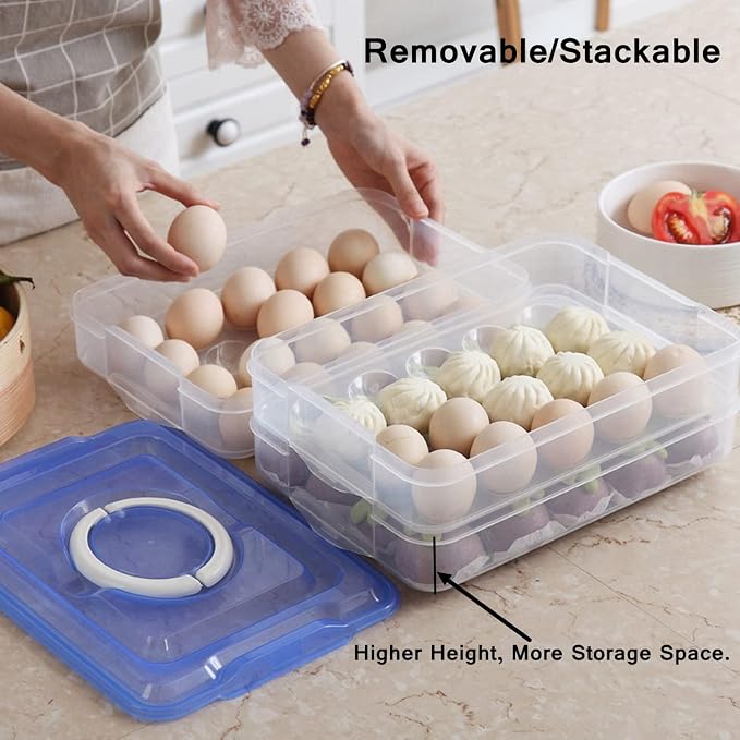 Egg Storage Container for Refrigerator, 3-Layer Deviled Egg Tray, Stackable Fridge Egg Organizer with Lid and Handle, Extra Large Holder, 60 Count Eggs Keeper(blue 3 layer) | 3-Layer, 60 eggs, Stackable Storage Holder with Handle for Refrigerator for C... - Image 3