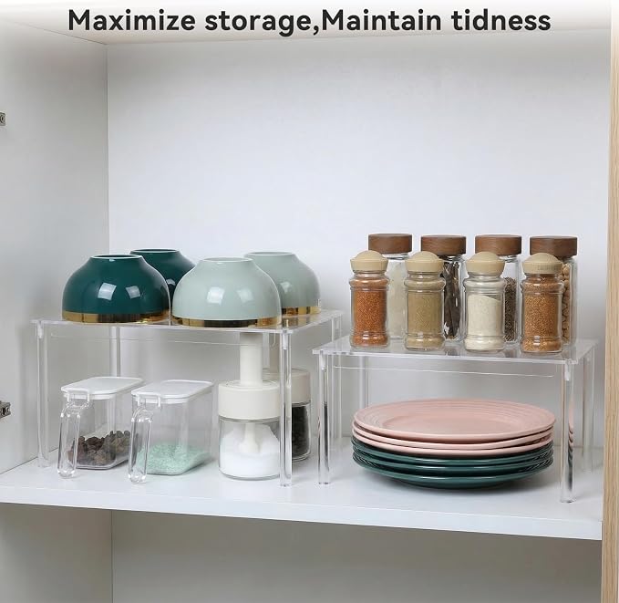 OTraki Acrylic Cabinet Organizer Set of 2 Stackable Clear Cabinet Shelf | Kitchen Pantry Organizers and Storage Display Pantry Cabinet Shelf Shelf Organizer for Dishes, Spices, Soda Cans and Bottles - Image 7
