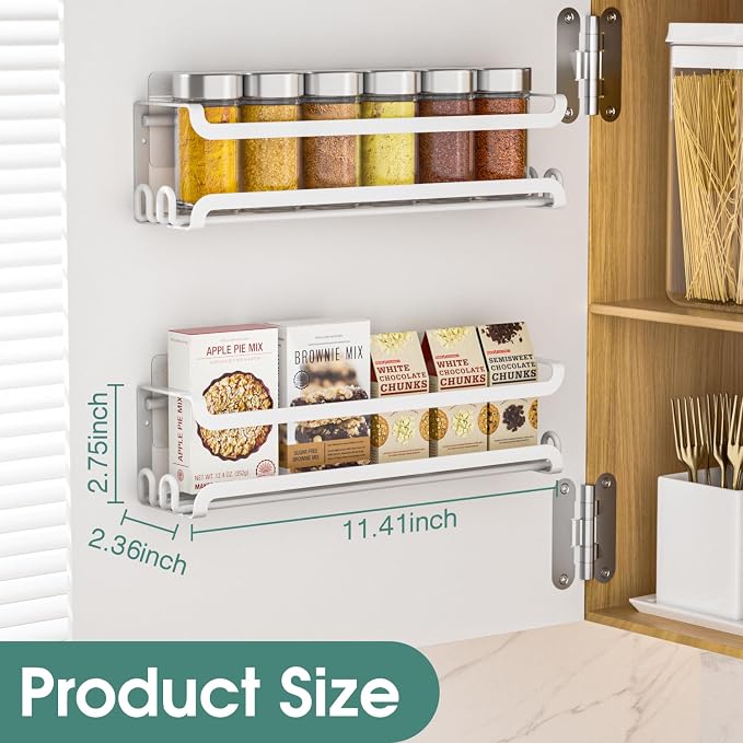LUCYCAZ 2 Pack Wall Mounted Spice Rack for Spice Jars & Seasonings (White) | 8 Metal Hooks, Space-Saving,Screw or Adhesive Spice Shelf Hanging,for Kitchen Cabinet,Pantry Door,RV,Camper Spice Orgnaizer - Image 2