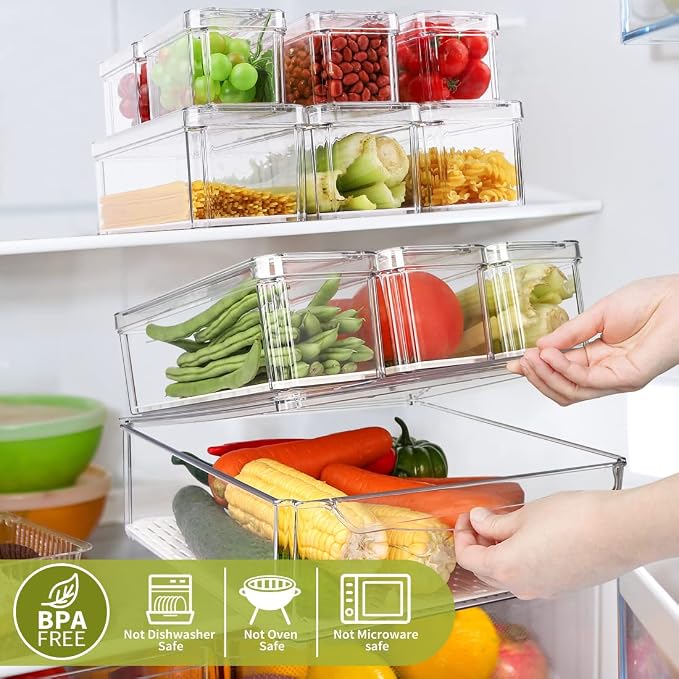 10 Pack Refrigerator Pantry Organizer Bins with Lids, Fridge Organizer Bins | BPA-Free Stackable Clear Plastic Food Storage Bins for Kitchen,Countertops,Cabinets,Fridge,Drinks,Fruits,Vegetables - Image 2