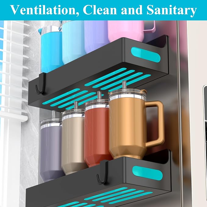 Magnetic Water Bottle Holder for Fridge Black, 4 Pack | Tumbler Organizer with Hooks, Cup Holder Organizer Storage, Refrigerator Shelf for Stanley, Owala - Image 2