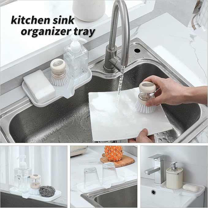 MicoYang Silicone Soap Dish with Drain Spout — Self-Draining Sink Organizer Tray for Bathroom & Kitchen, Sponges, Dispensers & Soap Holder, Non-Slip & Dishwasher Safe, White (Medium, 9.6"×5.3") - Image 4