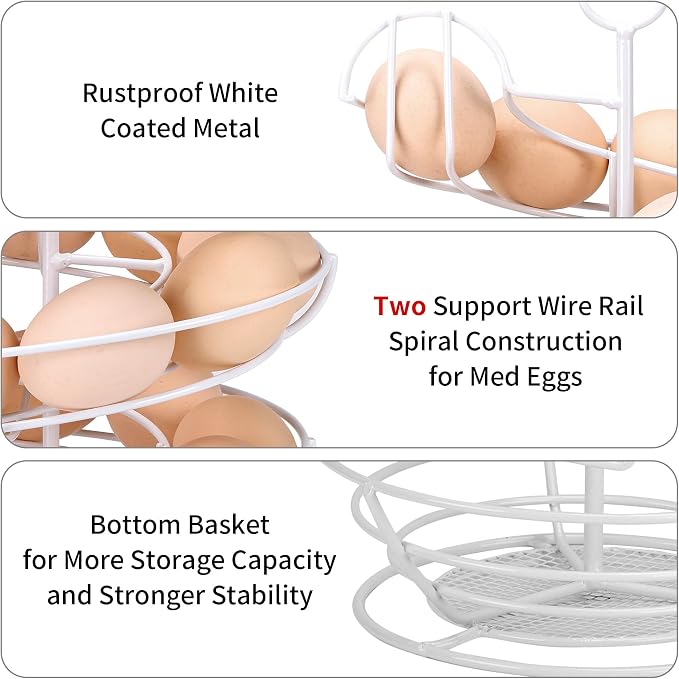 White Spiral Egg Holder Countertop, Metal Egg Skelter, Egg Dispenser Rack with Storage Basket for Countertop, Kitchen - Image 3