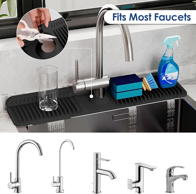 24-Inch Silicone Faucet Mat for Kitchen Sink Splash Guard, 7° Slope | 24"x5.5" water draining mat with fasten button; 1.6-2.75" customizable hole for bathroom, RV & kitchen sink drip catcher. - Image 3