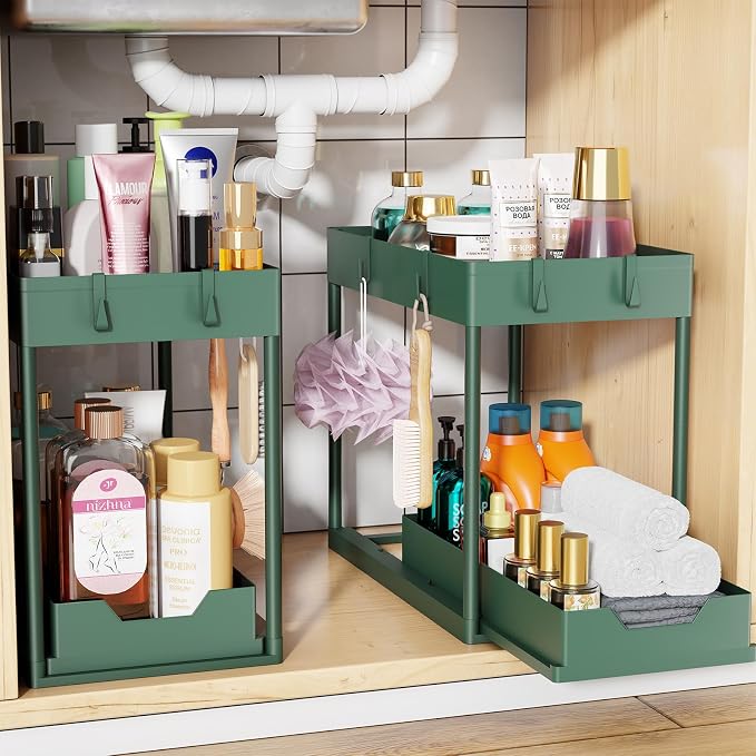 Simple Trending Under Sink Organizer 2 Pack, with Sliding Drawer, Green | 2-Tier Multi-Use Under Shelf Organizer with Hooks, Sink Pull-Out Sliding Storage Cabinet for Kitchen Bathroom, Easy Assembly by SimpleTrending