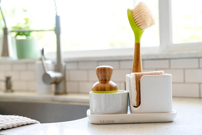 Full Circle Stash, Ceramic Kitchen Sink Caddy, Stylish Modular Sponge Holder & Dish Brush Organizer, Green and White, 11" - Image 6