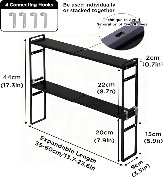 2 Tier Expandable Stackable Narrow Shelf Organizer, Black | Tall Countertop Organizer for Tight Spaces, Windowsill Plant Stand, Over-Sink/Faucet Shelf, Kitchen Counter Storage - Image 2