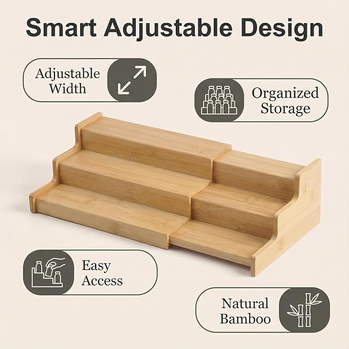 JinDoWin Spice Rack Organizer for Cabinets,Countertop & Pantries,2 Pack | Expandable design, 3-Tier stepped bamboo spice shelf, seasoning organizer, pantry organizers and storage - Image 6