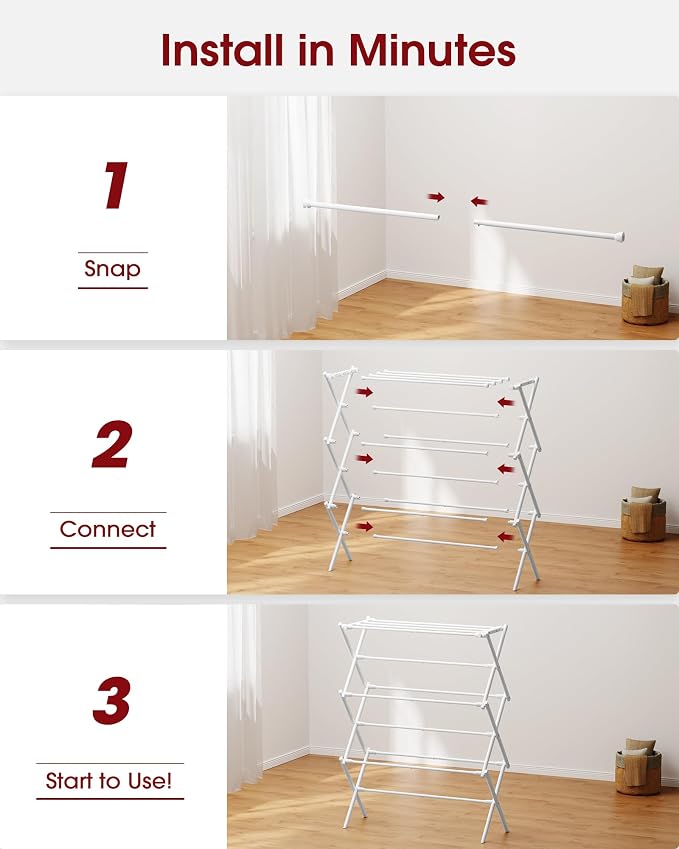 Sakugi Foldable 3-Tier Clothes Drying Rack 37.4" H with Non-Slip Feet | Indoor & Outdoor Use, Space Saving, Metal Frame, 11.4" D x 29.1" W, White - Image 5