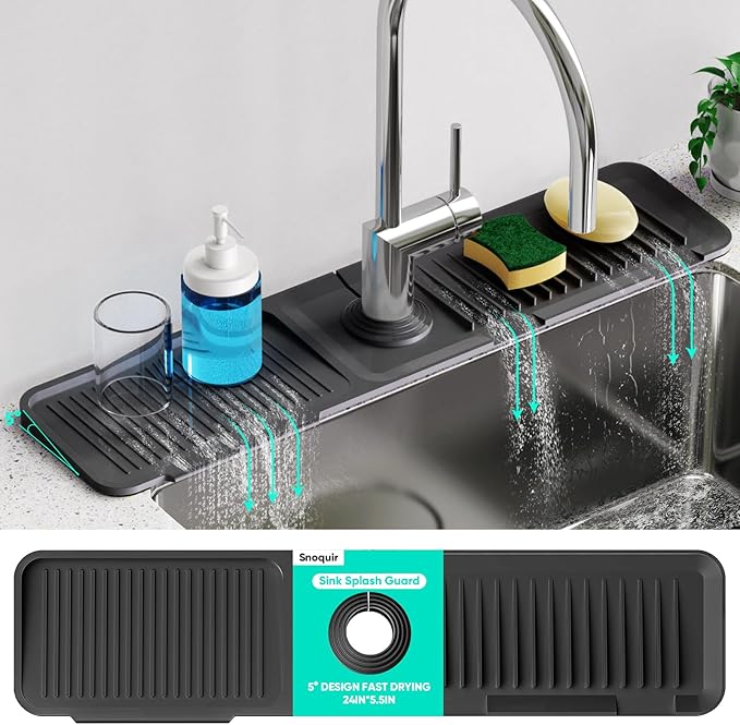 24 Inch Longer Faucet Mat for Kitchen Sink, 5° Slope Fast Self-draining, Kitchen Sink Splash Guard Silicone Sink Faucet Mat Splash Guard Kitchen Sink Area Tidy Splash Faucet Guard Draining Mat by Snoquir