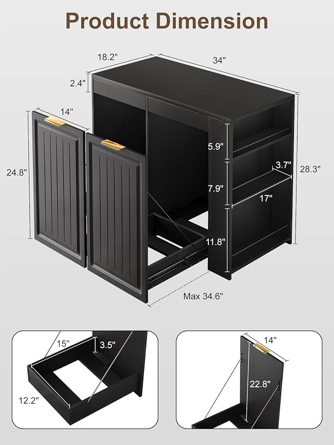 Double Pull Out Trash Can Cabinet 2x13 Gallon, Side Storage Rack, Black | Pet Proof, Freestanding Kitchen Cabinet, Garbage Recycling, Laundry Hamper, Modern Farmhouse Waste Bin Furniture - Image 2