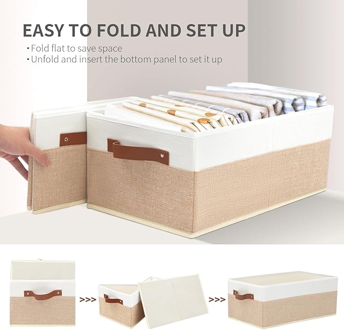 Closet Organizer Bins 3 Pack, Large Storage Bins for Shelves | Foldable Closet Storage Boxes Baskets with Leather Handles for Organizing Clothes, Sheets, Jeans, Toys, Books（Begie） - Image 7