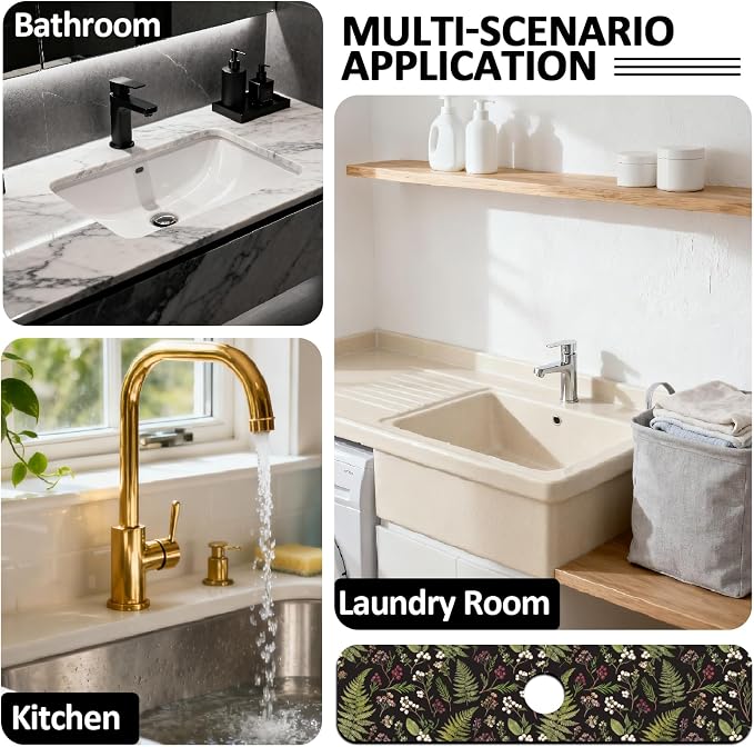 2 Pcs Kitchen Sink Splash Guard Faucet Mat Vintage Fern and Berries Pattern Faucet Mat for Sinks Absorbing Drying Mat for Kitchen Bathroom, 23.6x5.5inch - Image 7