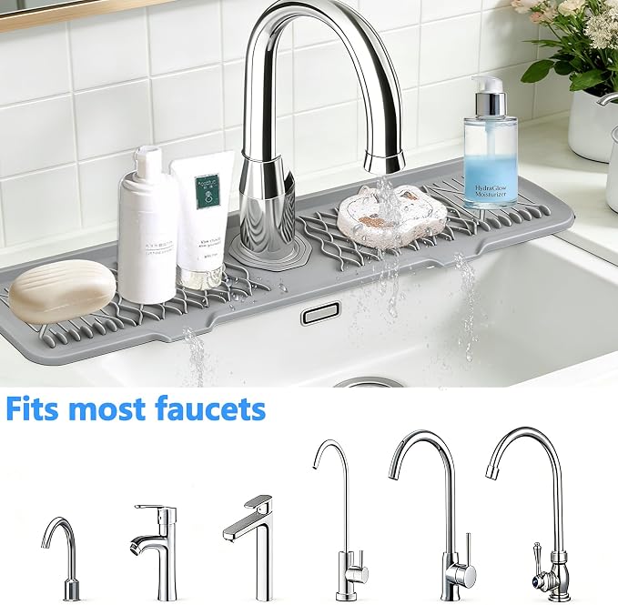 24 Inch Silicone Faucet Mat for Kitchen Sink, 7° Slope Fast Self-Draining Sink Splash Guard, Kitchen Sink Water Catcher Organizer, Kitchen Sink Accessories (Gray, 24''x5.6'') - Image 3