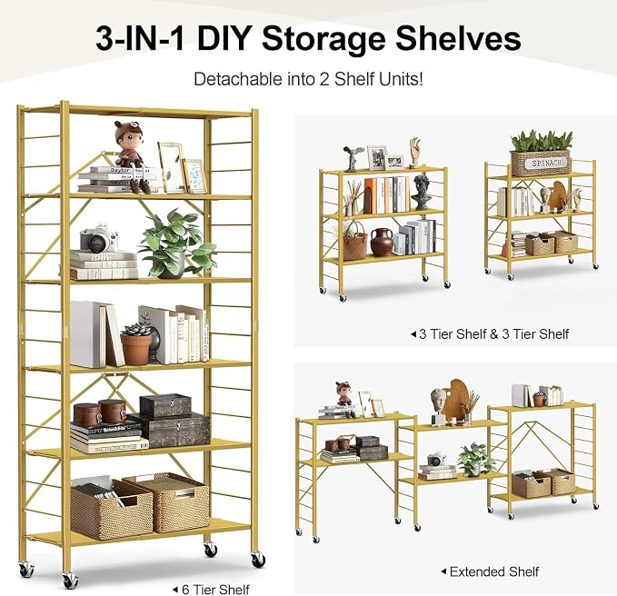 Himix 6-Tier Foldable Storage Shelves Expandable Shelf Wheels Gold 2-in-1 | Folding shelving units, Metal collapsible organization, Changeable into 2 shelf units, Bookshelf, Garage, Holds 3600 Ibs - Image 3