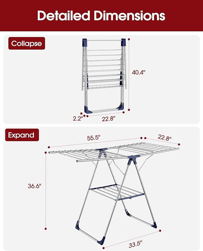 Sakugi Clothes Drying Rack, 55.5" Adjustable Wings, Foldable Design | Laundry Room, Bedroom, Outdoor & Indoor Use, Height Adjustable, Collapsible, Silver Blue, 55.5" L × 22.8" W - Image 6