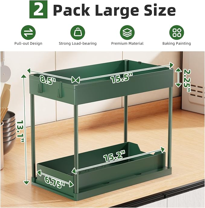 Simple Trending Under Sink Organizer 2 Pack, with Sliding Drawer, Green | 2-Tier Multi-Use Under Shelf Organizer with Hooks, Sink Pull-Out Sliding Storage Cabinet for Kitchen Bathroom, Easy Assembly - Image 2