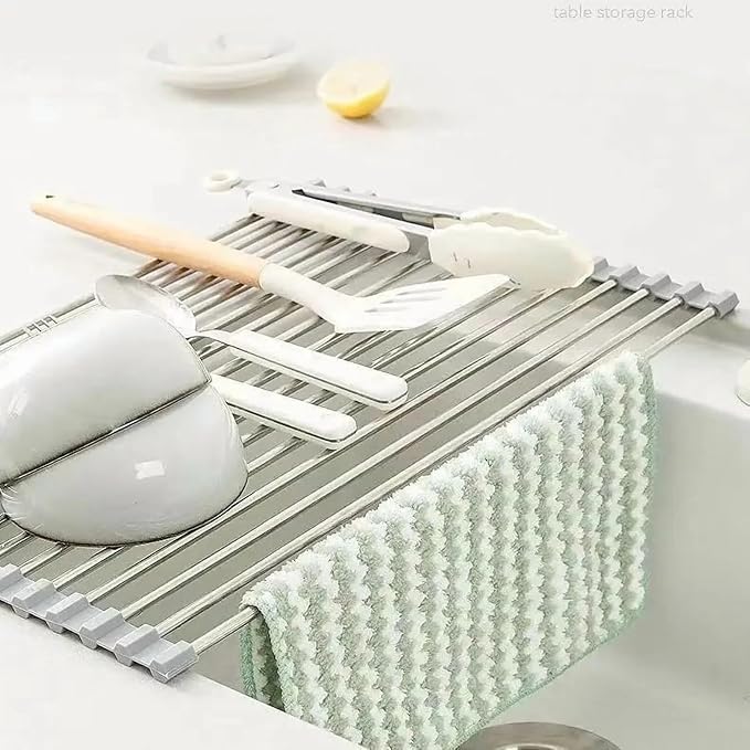 Over-The-Sink Roll Up Dish Drying Rack, 18.5" x 13.5" Foldable Stainless Steel Dish Drainer Mat, Sink Cover & Heat-Resistant Kitchen Organizer (Grey) - Image 6
