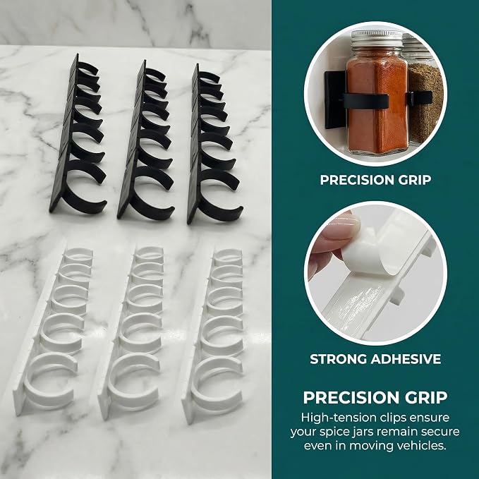 Adhesive Spice Clips, 6 Strips with 30 Clip Positions, Cabinet Door Spice Rack Organizer for Pantry, Kitchen and RV, Cut-to-Fit No-Drill Storage, Black and White | For regular round spice bottles in kitchen, pantry, camper, and RV cabinets; six adhesiv... - Image 6