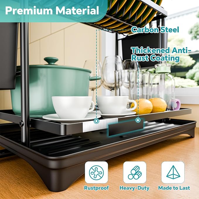 Simple Trending Dish Rack, Dish Drying Rack 2 Tier, Stainless Steel Dish Drainers with Utensil Holder and Drainboard for Kitchen Sink Organizers, 11.875" W x 16.625" D, Black - Image 6