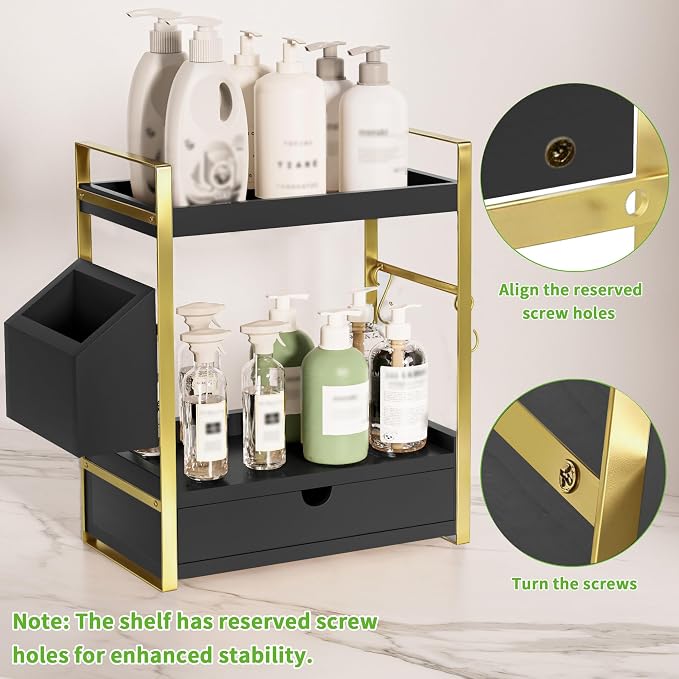 2-Tier Bathroom Counter Organizer, Wooden Vanity Shelf with Drawer & Basket | Pre-Drilled Holes, Skincare & Makeup Countertop Organizer and storage, Black-gold - Image 5