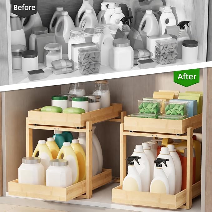 APRTAT 2 Pack Bamboo Under Sink Organizer, 2-Tier Pull Out Storage Drawers | Smooth pull-out drawers keep cleaners and tall bottles visible, organized and easy to reach in kitchen or bathroom cabinets - Image 8