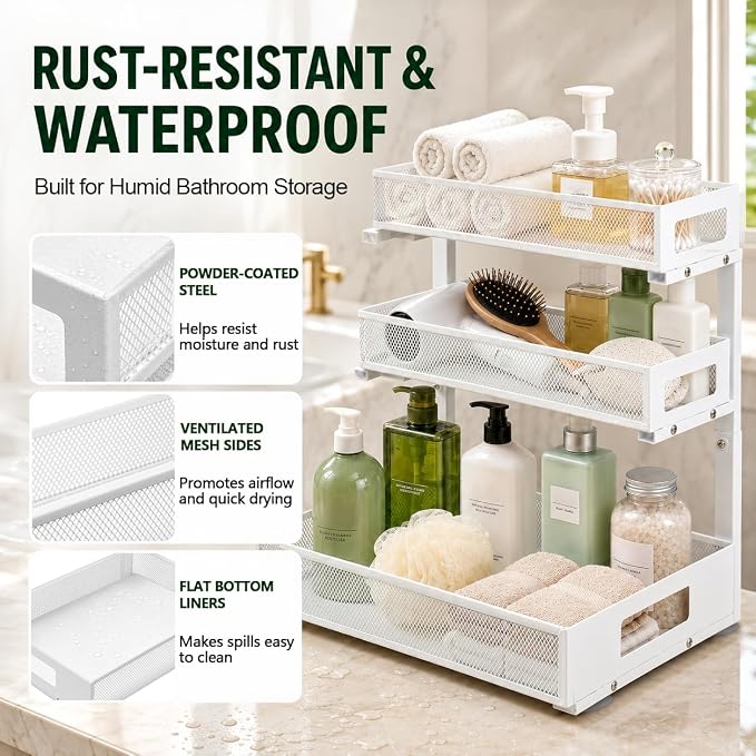 3 Tier Under Sink Organizer,1 Pack Pull Out Cabinet Shelves with Adjustable Height,Heavy Duty Carbon Steel L-Shaped Storage for Kitchen Bathroom Sink,Pantry & Laundry,White - Image 6