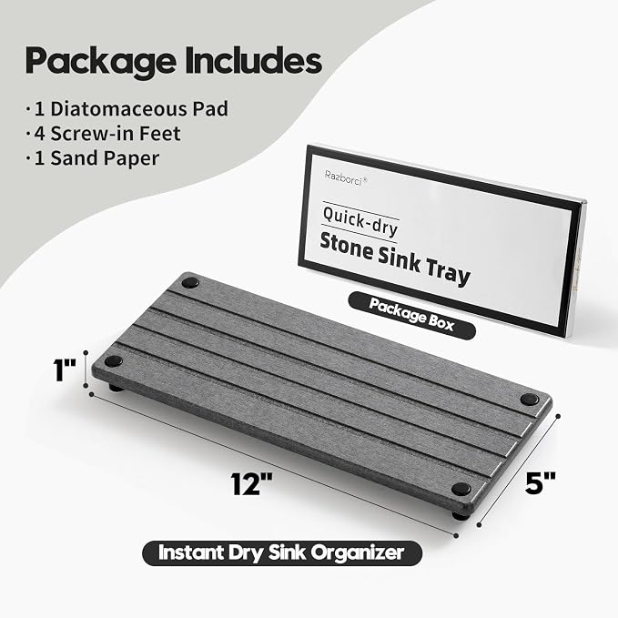 Instant Dry Sink Caddy Kitchen Sink Organizer, Quick Drying Stone Tray Diatomite Sponge Holder Soap Dish, Bathroom Countertop Fast Dry Water Absorbing Vanity Rack, Dark Gray,12" x 5" - Image 3
