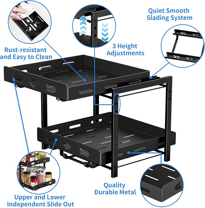 BOIVSHI Pull Out Spice Rack for Cabinet, 11.9''Wx10.8''Dx9.2''H | 2 Tier Kitchen Spice Shelf, Vertical Spice Organizer for Pantry, Height Adjustable, Individually Sliding Metal Shelves, Black - Image 9