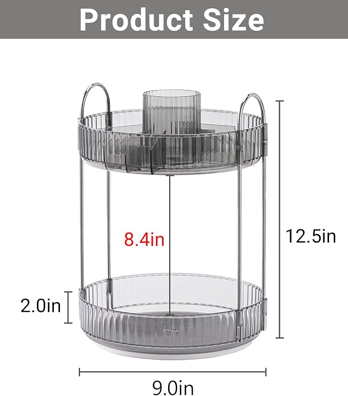 Asayuee 360 Rotating Makeup Organizer,2 Tier Large Capacity Make Up Organizers and Storage,Skincare Perfume Vanity Organizers,Bathroom Cosmetics Storage Organizer Countertop(Grey) - Image 4