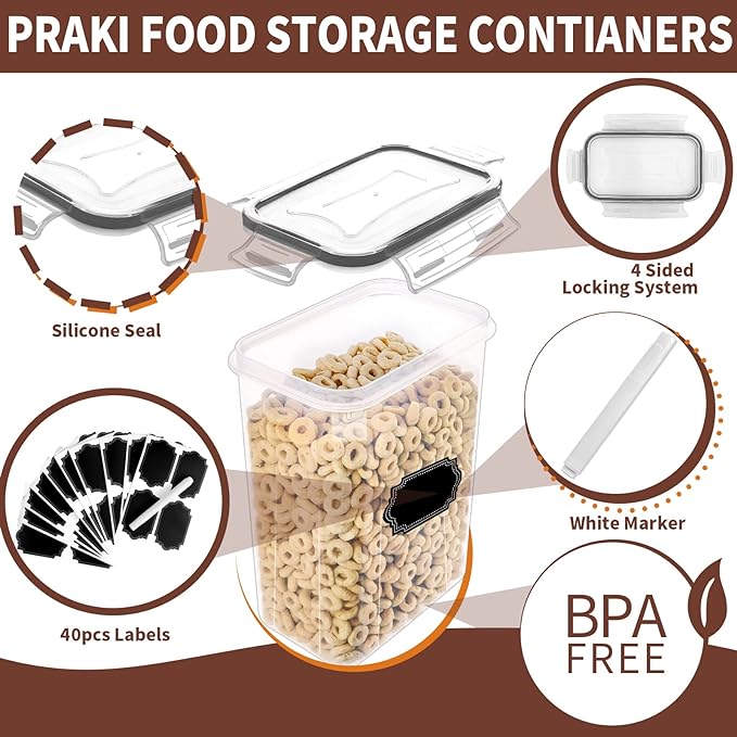 PRAKI Airtight Food Storage Containers Set with Lids - 24 PCS, BPA Free | Multiple Sizes Cereal Containers Storage Set, Pantry Organizers and Storage for Cereal Flour & Sugar - Labels & Marker (Grey) - Image 3