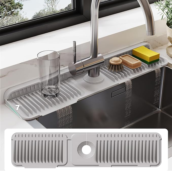 24-Inch Silicone Faucet Mat for Kitchen Sink Splash Guard, 7° Slope | 24"x5.5" water draining mat with fasten button; 1.6-2.75" customizable hole for bathroom, RV & kitchen sink drip catcher. by Doeklpo