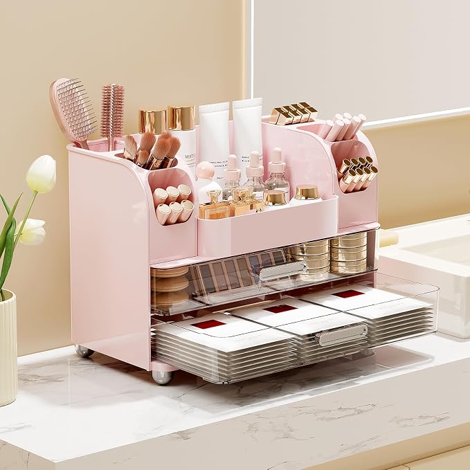 UFORU Makeup Organizer Countertop with 2 Large Drawers for Vanity Bathroom | Brush Holder, Large Capacity, Thickened Plastic, Compact Footprint, Space-Saving Design, Easy Clean, Ideal for Dorm Rooms - Image 2