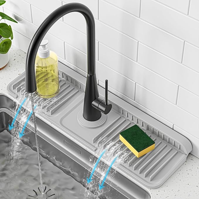 PoYang 17.7 Inch Faucet Mat for Kitchen Sink Splash Guard, Light Grey | Sink Protectors with 7° Slope for Smooth Drainage, Snap Button Holds It in Place, 90° Foldable & Cuttable Hole Fit Most Sinks by PoYang